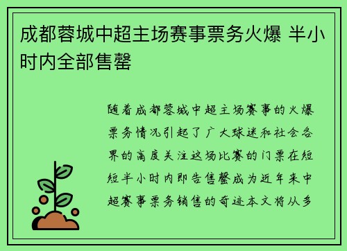 成都蓉城中超主场赛事票务火爆 半小时内全部售罄